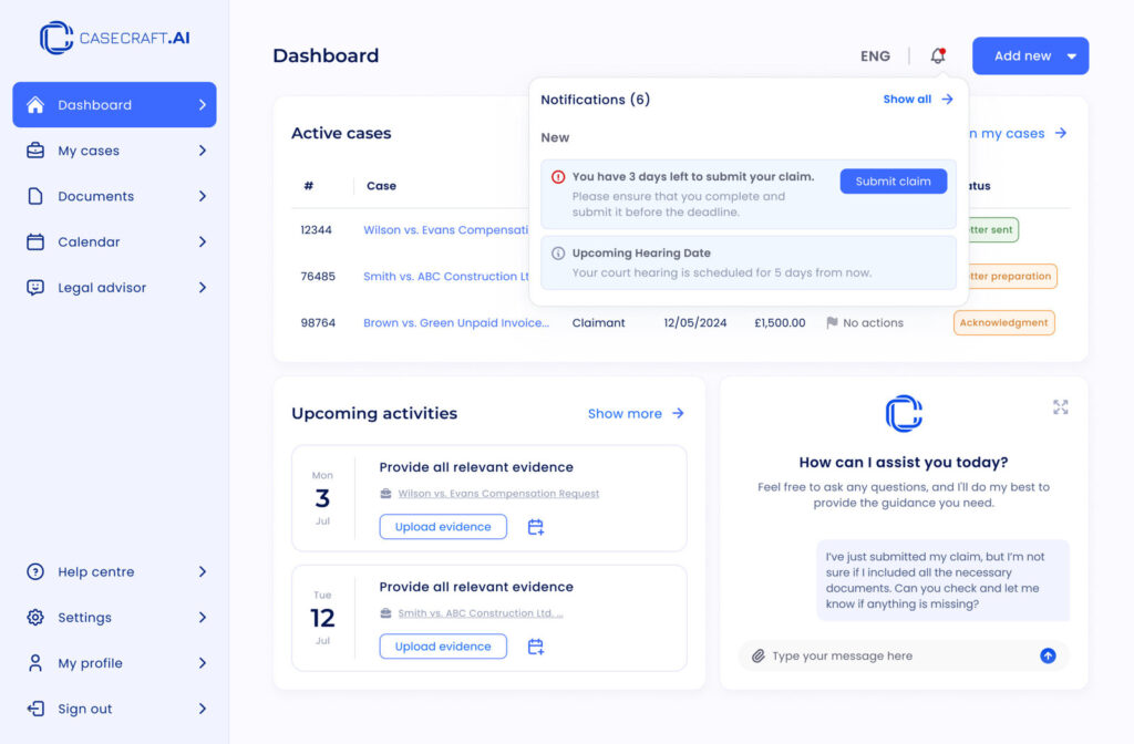 CaseCraft.AI dashboard - active cases, deadlines and the AI legal assistant